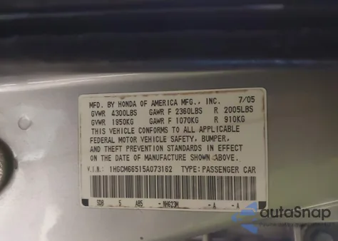 2005 Honda Accord 3.0 Ex z USA, uszkodzony, nr VIN 1HGCM66515A073162